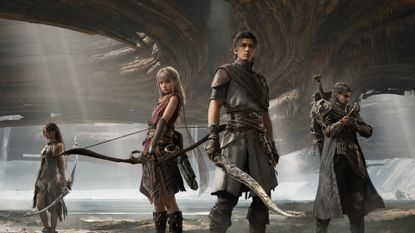 Four adventurers stand in a row in Nodusfall representing each class in the game