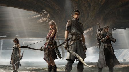 Four adventurers stand in a row in Nodusfall representing each class in the game