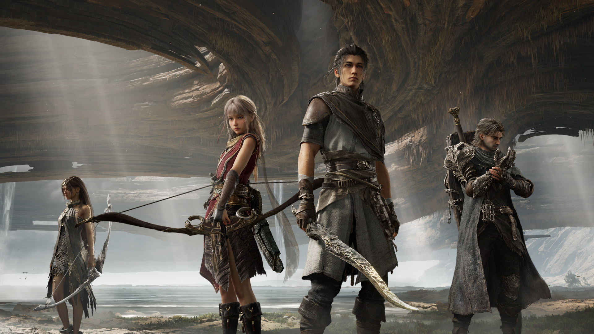 Four adventurers stand in a row in Nodusfall representing each class in the game