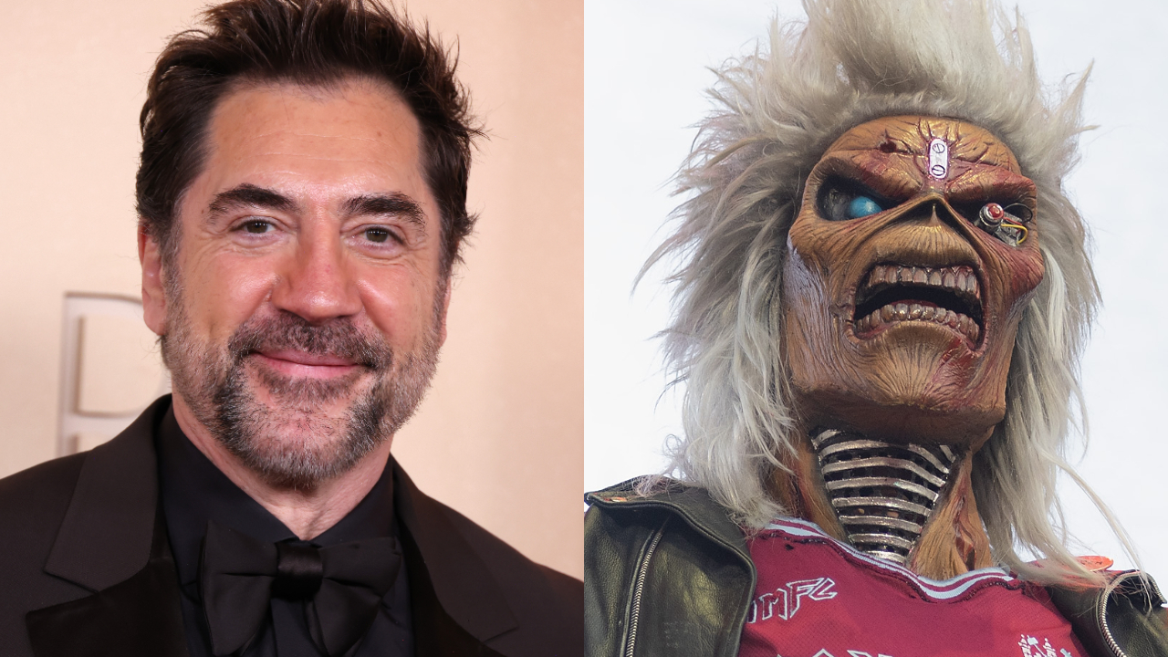 Javier Bardem in 2026, next to a picture of Iron Maiden mascot Eddie The Head