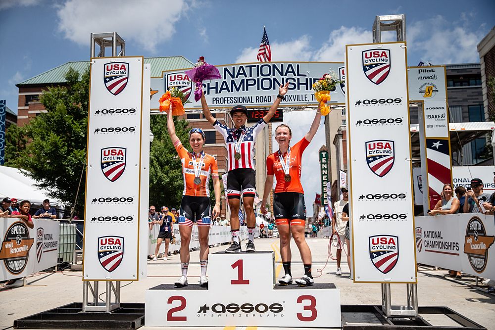 Winner Coryn Rivera (Sunweb), Megan Guarnier (Boels Dolmans) 2nd, Emma White (Rally Cycling) 3rd at the US Pro Road Championships