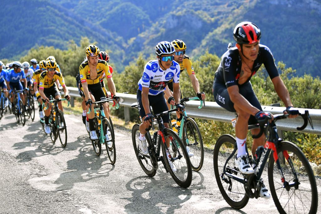 SABIANIGO SPAIN OCTOBER 24 Lennard Hofstede of The Netherlands and Team Jumbo Visma Tom Dumoulin of The Netherlands and Team Jumbo Visma Richard Carapaz of Ecuador and Team INEOS Grenadiers Polka Dot Mountain Jersey during the 75th Tour of Spain 2020 Stage 5 a 1844km Huesca to Sabinigo 835m lavuelta LaVuelta20 La Vuelta on October 24 2020 in Sabinigo Spain Photo by Justin SetterfieldGetty Images