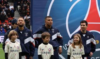 Neymar Jr #10, Kylian Mbappe #7 and Lionel Messi #30 of Paris Saint-Germain pose before the Ligue 1 match between Paris Saint-Germain and Lille OSC at Parc des Princes on February 19, 2023 in Paris, France