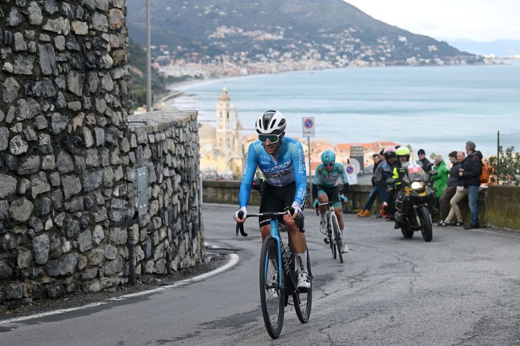 LAIGUEGLIA ITALY FEBRUARY 28 Andrea Vendrame of Italy and Team DecathlonAg2R La Mondiale competes in the breakaway during the 61st Trofeo Laigueglia 2024 a 202km one day race from Laiguegli to Laigueglia on February 28 2024 in Laigueglia Italy Photo by Dario BelingheriGetty Images
