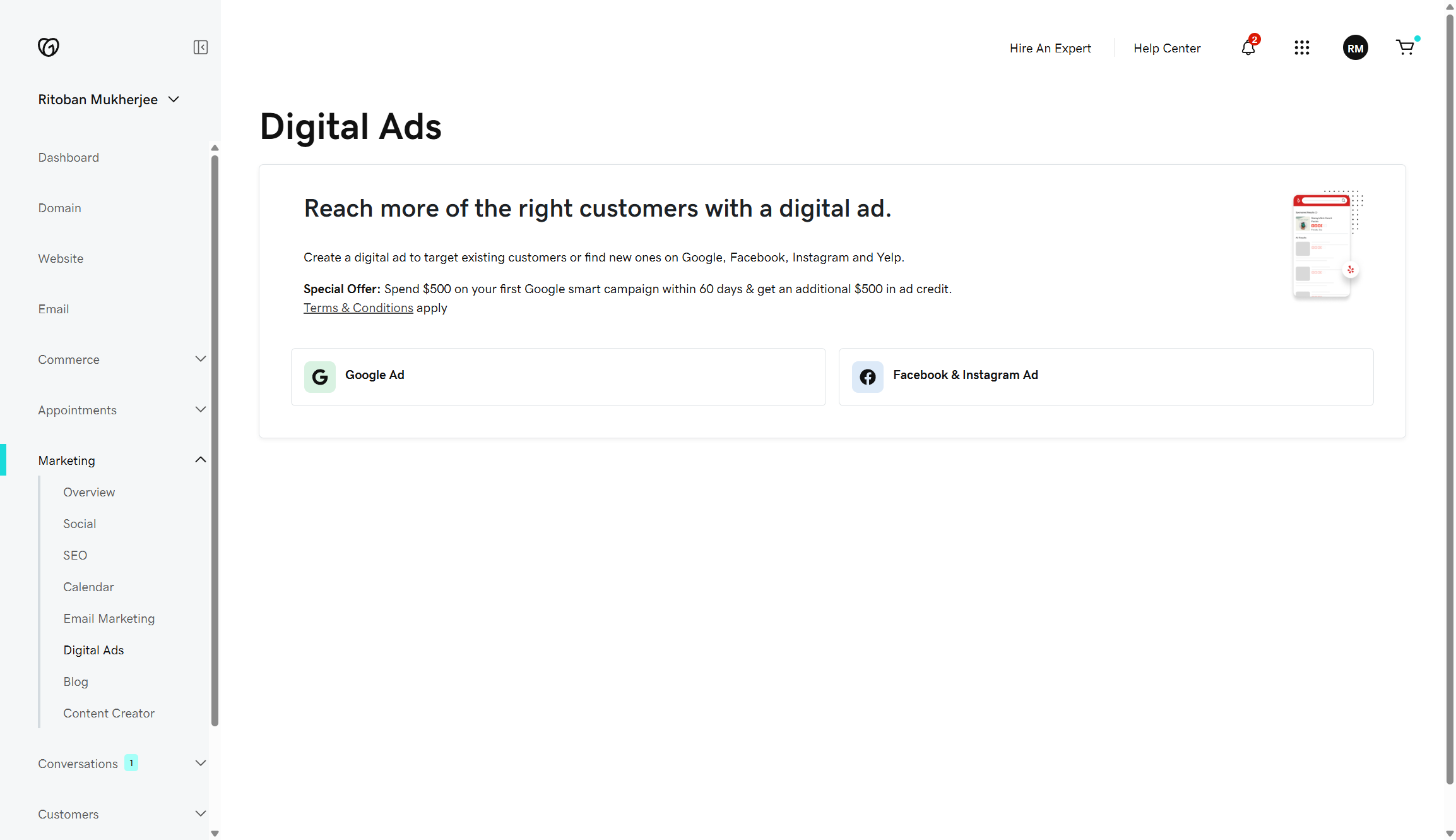 Screenshot of GoDaddy&#039;s built in ads platform, it gives options for building ads on Google, Instagram and Facebook.