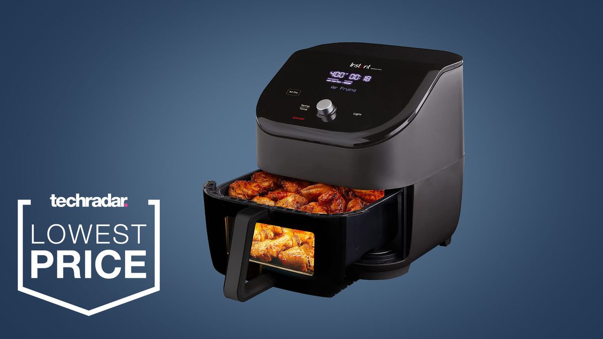 The Instant Vortex Plus 6-in-1 air fryer with ClearCook on a blue background