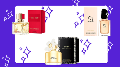 three perfumes on blue and white background as part of boots cyber monday sale