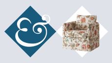 Floral Nancy Meyers-style swivel chair pictured against an H&G logo background