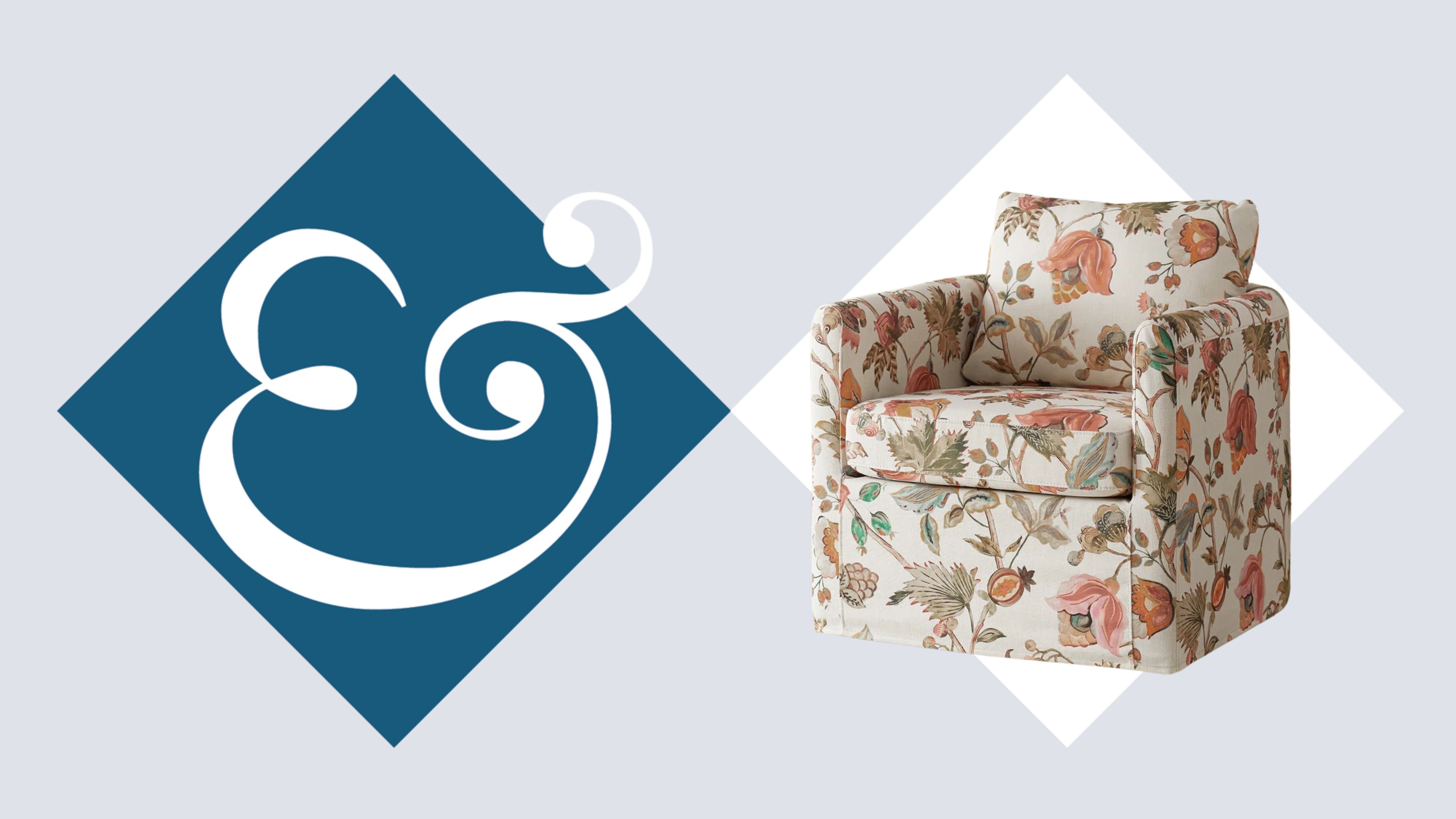 Floral Nancy Meyers-style swivel chair pictured against an H&amp;G logo background