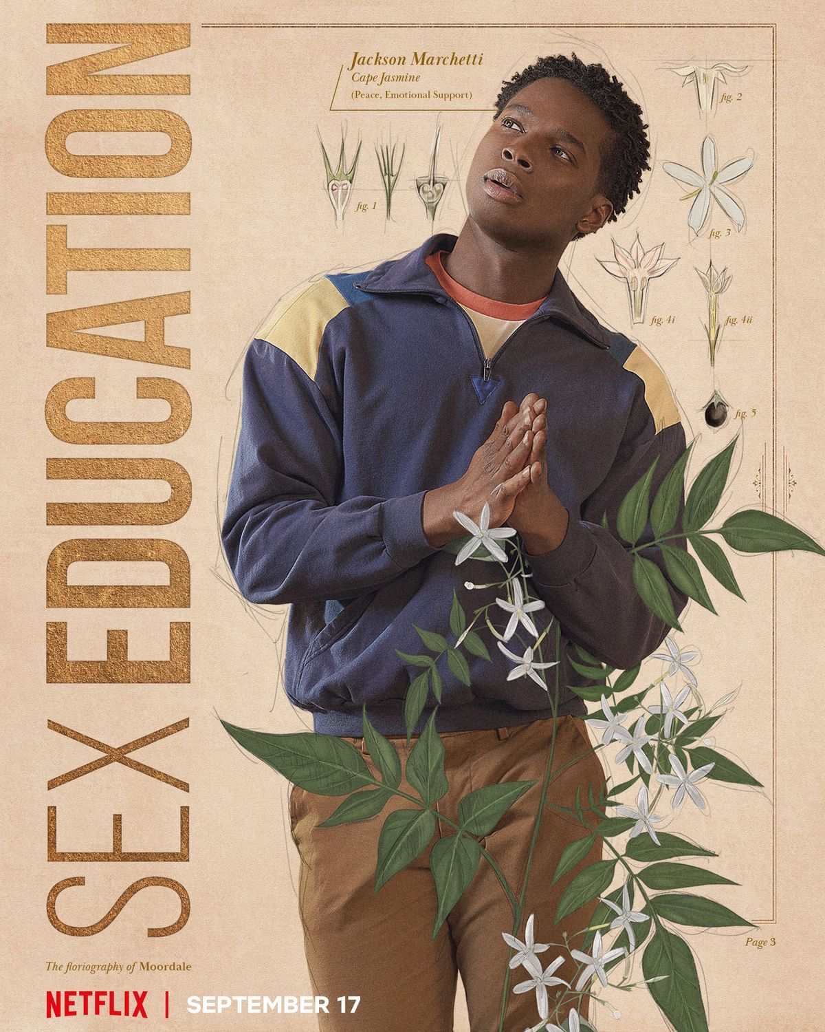 Kedar Williams-Stirling as Jackson Marchetti, partnered with an illustration of Cape Jasmine.