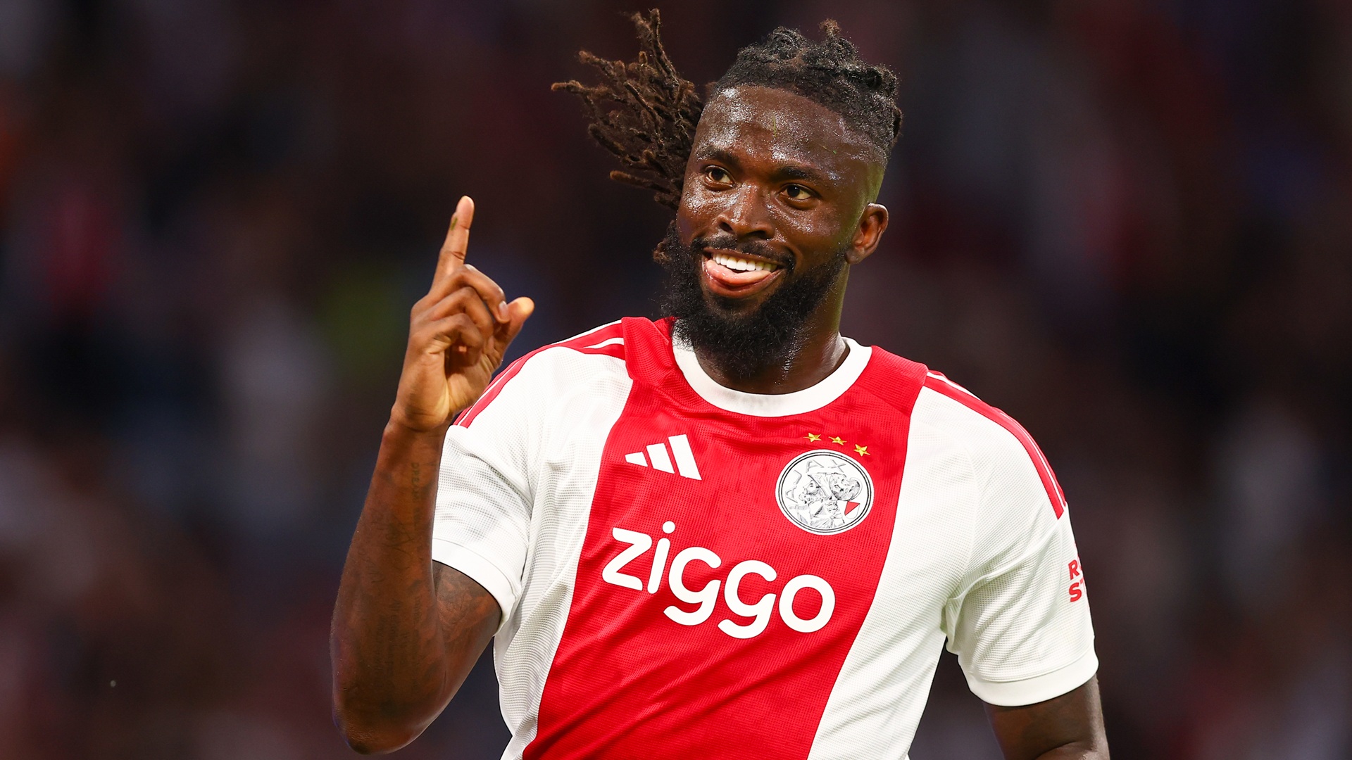 AMSTERDAM, NETHERLANDS - AUGUST 27: Toluwalase Arokodare Tolu of Ajax celebrating the 4-2 during the UEFA Conference League match between Ajax and FC Sion at Johan Cruijff Arena on August 27, 2026 in Amsterdam, Netherlands. (Photo by MTB/MB Media/Getty Images)
