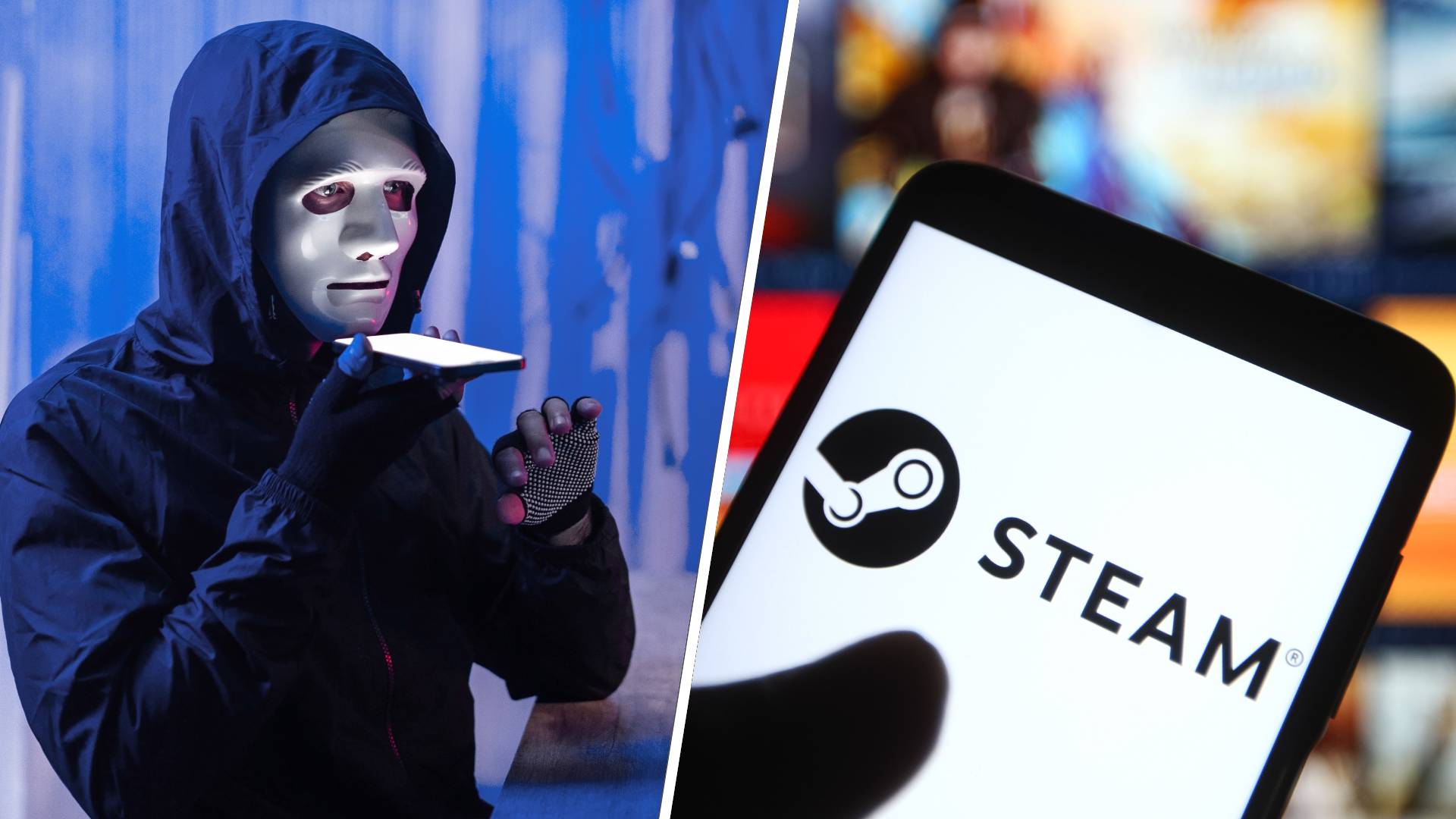 Left: Recording a voice message on a smartphone while sitting at a desk with a computer displaying code. Right: UKRAINE - 2021/07/24: In this photo illustration a Steam logo of a video game digital distribution service is seen on a smartphone.