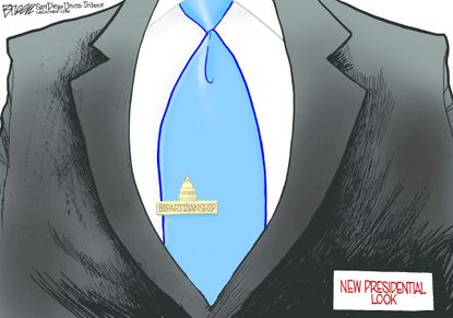 Political cartoon U.S. Trump bipartisanship Democrats deal