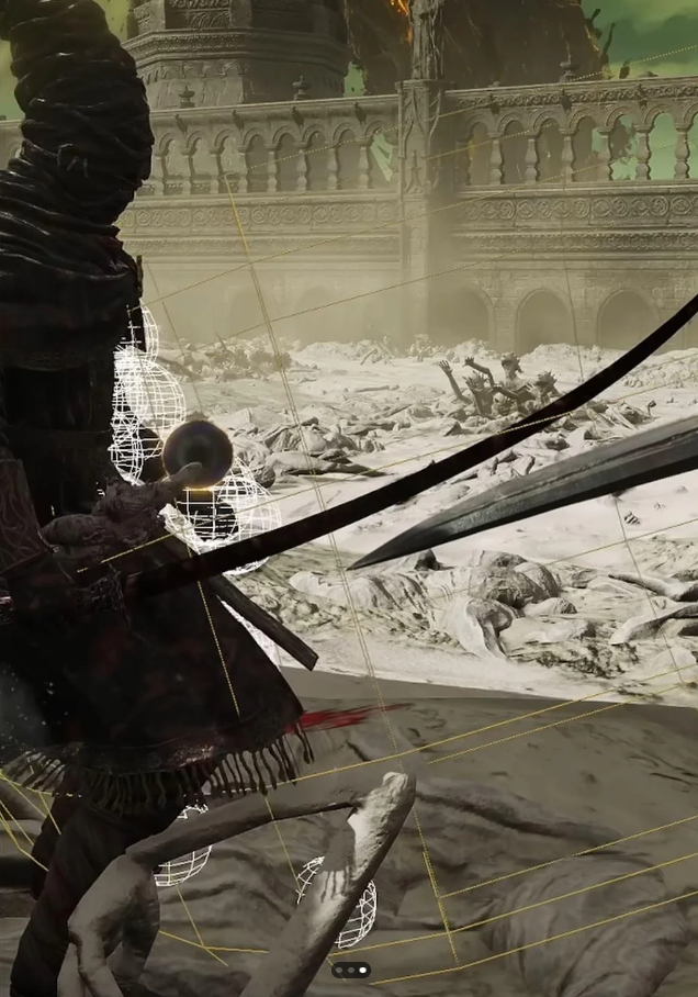 Three images displaying the sheer size of Radahn's hitboxes in Elden Ring: Shadow of the Erdtree.