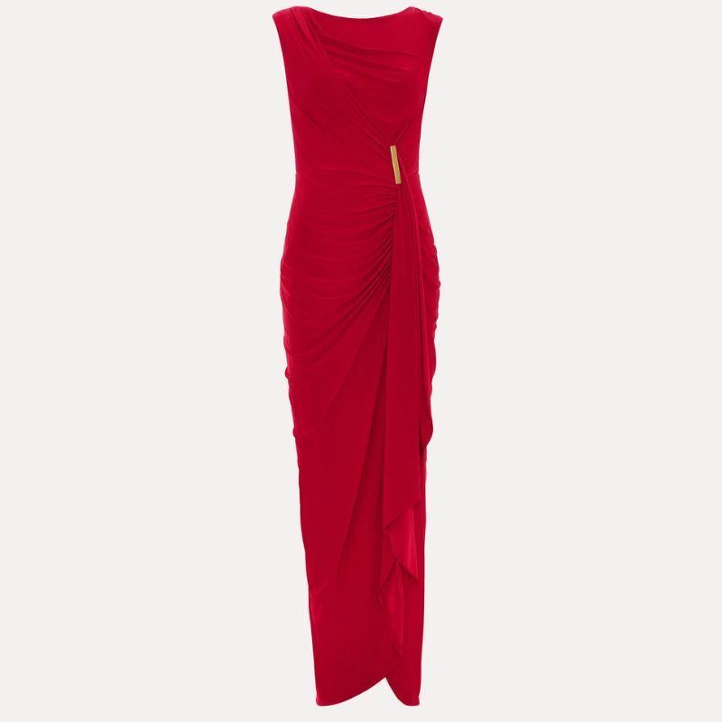red ruched dress