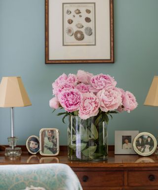 family photos, peonies and lamps