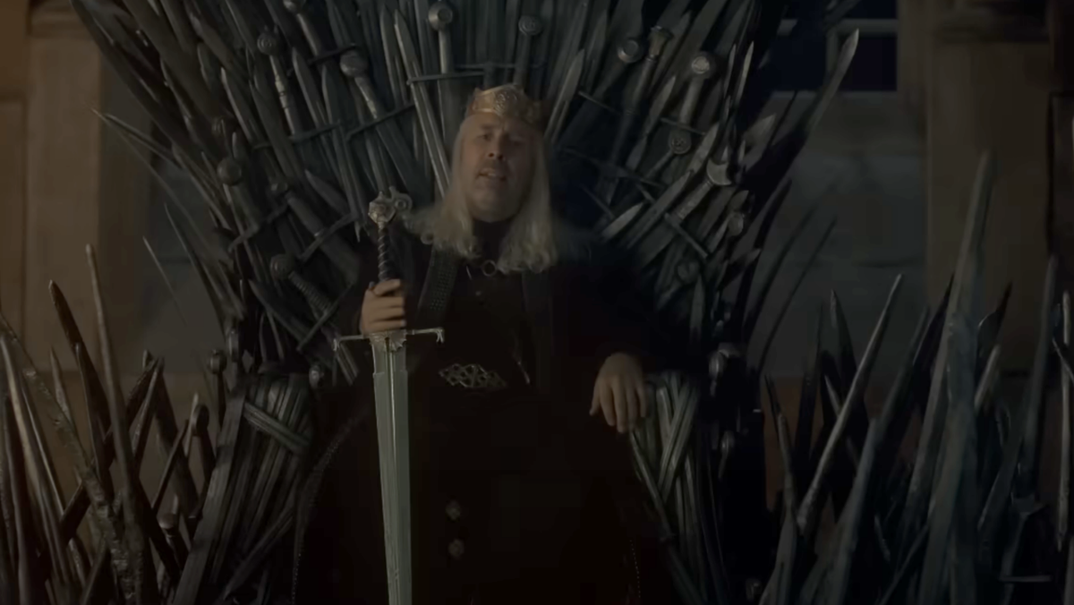 House of the Dragon trailer screenshot of Paddy Considine&#039;s Viserys on the Iron Throne.