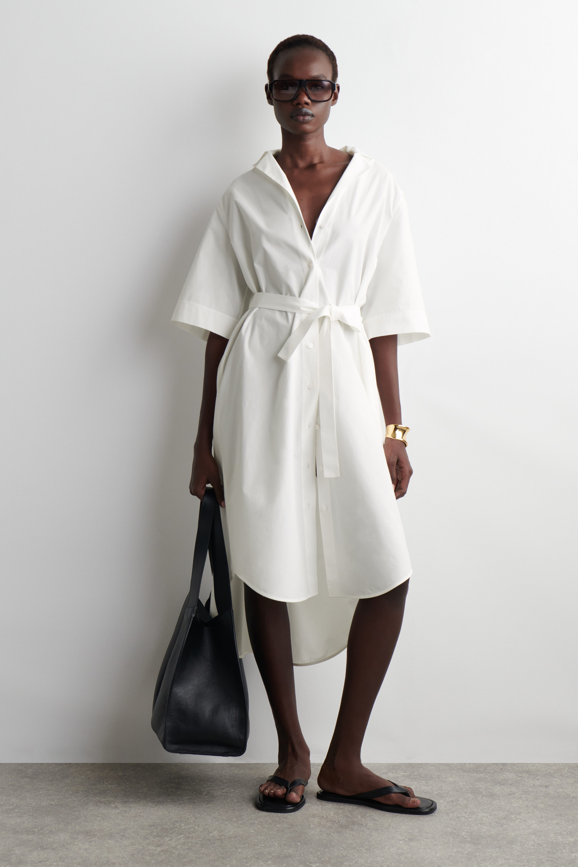 Belted Short-Sleeved Midi Shirt Dress