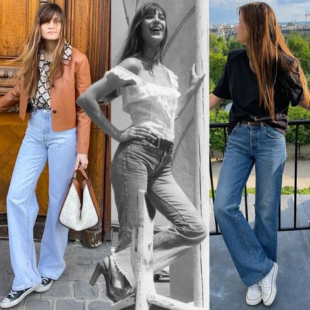 fashion collage featuring different flared jeans outfits including looks from French editor Eugenie Trochu and Jane Birkin