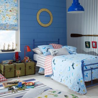 kids bedroom with blue panelled wall and blue striped wallpaper