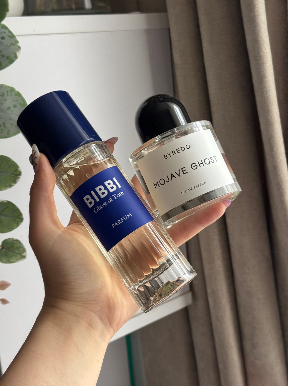 Denise Primbet testing Mojave Ghost by Byredo and Ghost of Tom by BIBBI