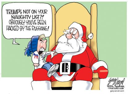 Political cartoon U.S. Donald Trump Russia hacking Christmas holiday