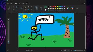 A Paint window, showing a wonderful bit of artistry in which a stick figure runs towards a tree shouting "Yippee"