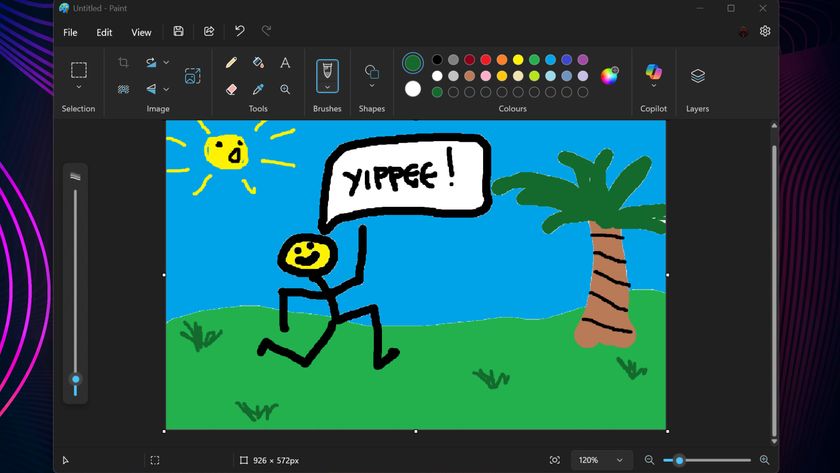 A Paint window, showing a wonderful bit of artistry in which a stick figure runs towards a tree shouting &quot;Yippee&quot;
