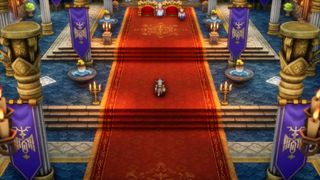 A screenshot from Dragon Quest 1's HD-2D Remake shows the protagonist walking on a red carpet in a regal-looking building.