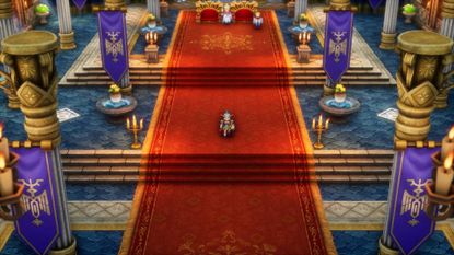A screenshot from Dragon Quest 1's HD-2D Remake shows the protagonist walking on a red carpet in a regal-looking building.