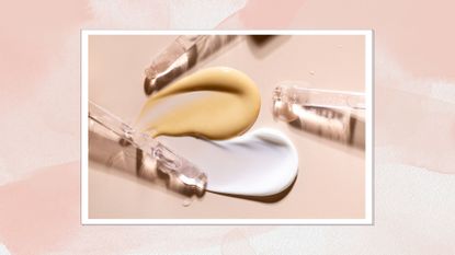 samples of cosmetic products smears cream masks glass pipettes with serum cosmetics for face care on a beige background