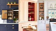 Outdated kitchen cabinet trends date kitchens, but here are three examples of what looks great instead, including a kitchen with matt paneled navy blue mounted kitchen cabinets on the wall above a white countertop, the middle is peach shaker style open tall cabinet revealing a red interior and glassware, a white kitchen cabinet set surrounding a window, with open shelving and dark bowls and cups