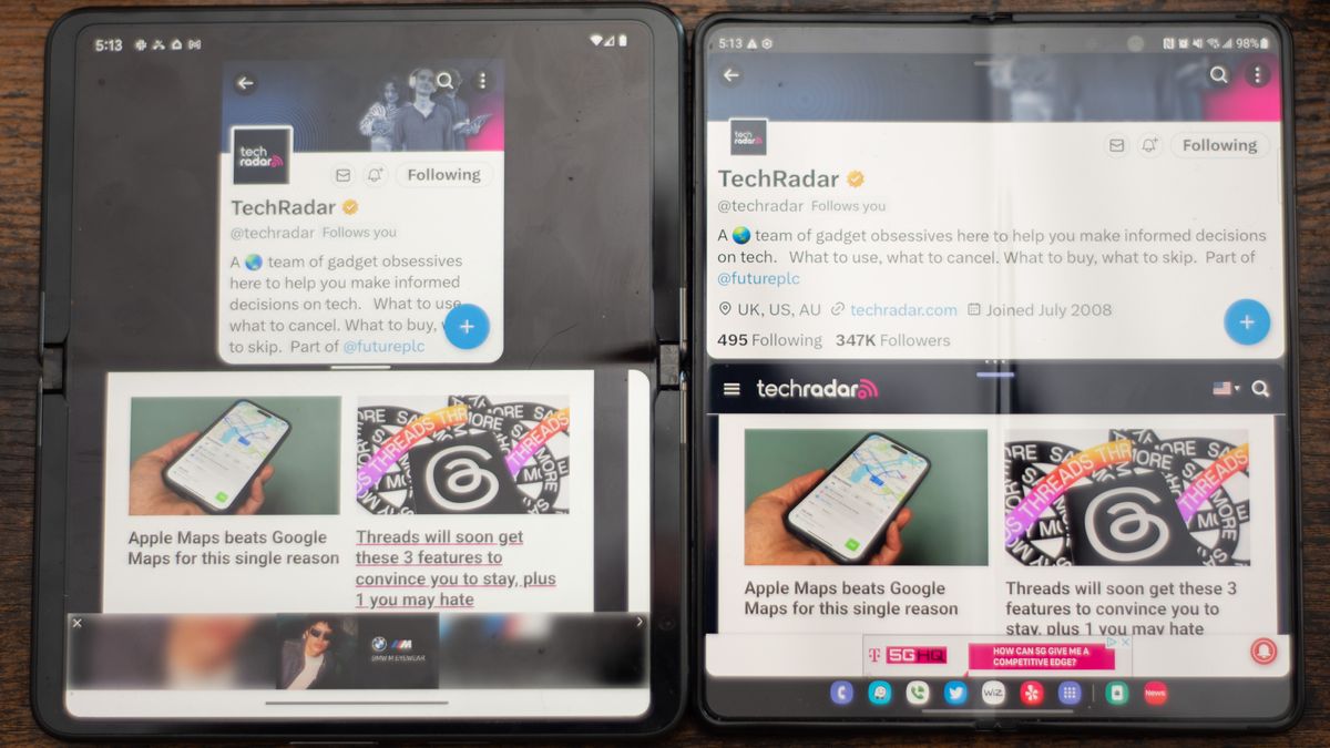 Samsung Galaxy Z Fold 4 and Google Pixel Fold showing differences between apps on each phone including Twitter and Chrome browser