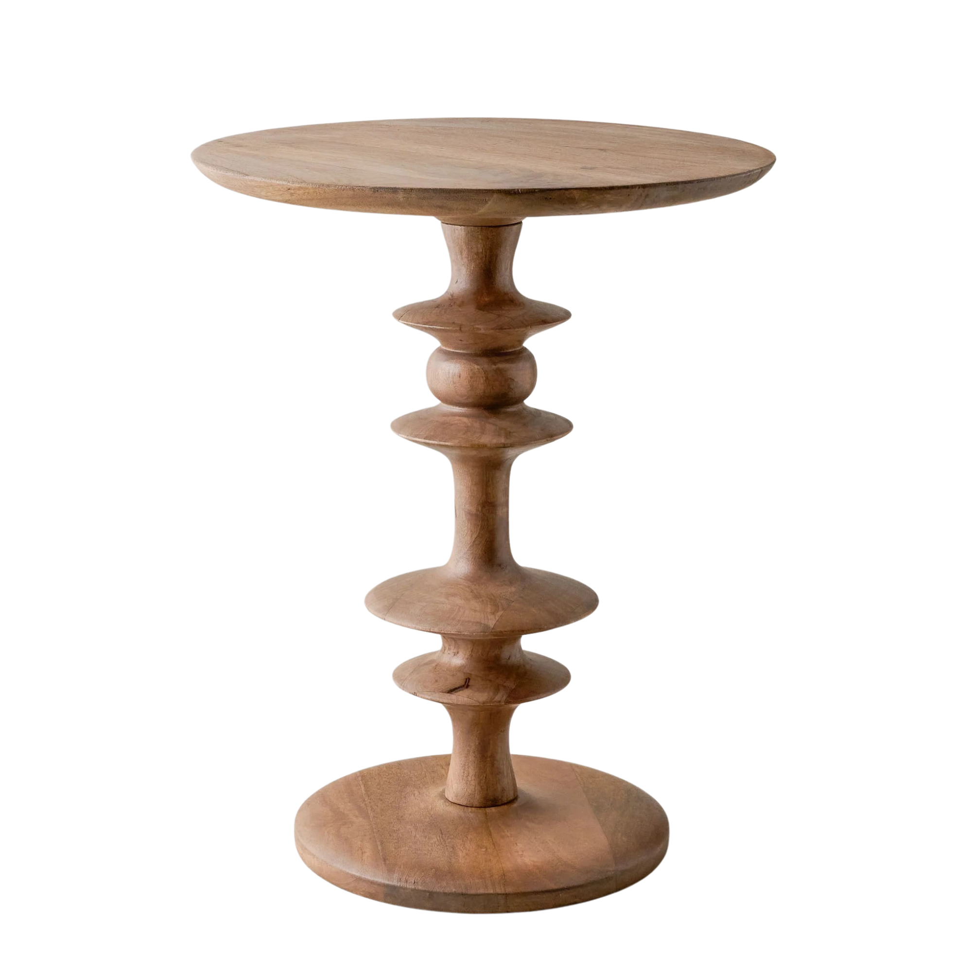 a wooden side table with a sculptural base