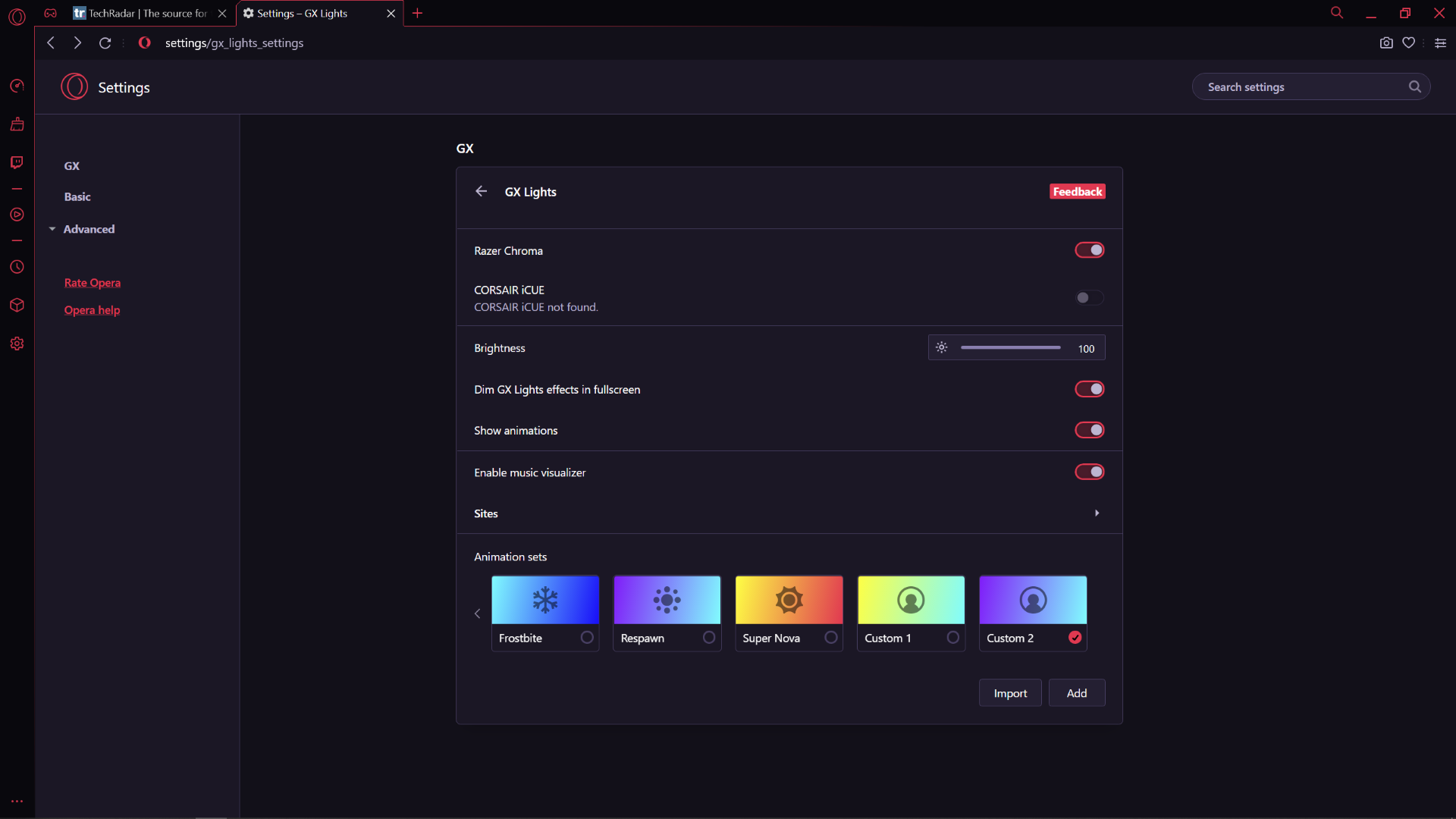 Opera GX web browser on RGB settings