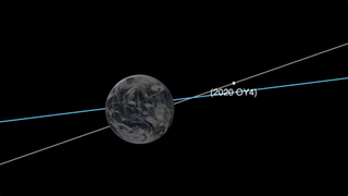 This NASA graphic shows the locations of asteroid 2020 OY4 and Earth during a close flyby of the asteroid on July 28, 2020.