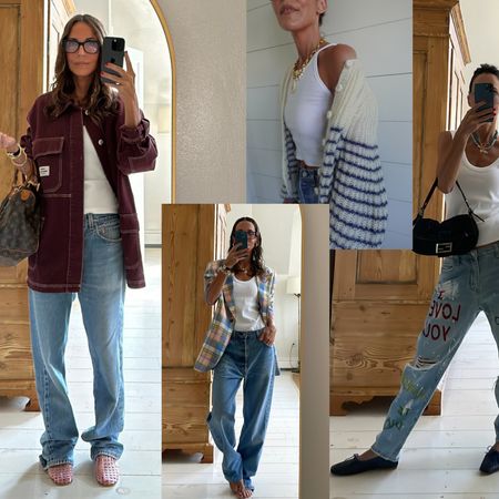 a collage of Larissa Mills wearing a white tank top and blue jeans