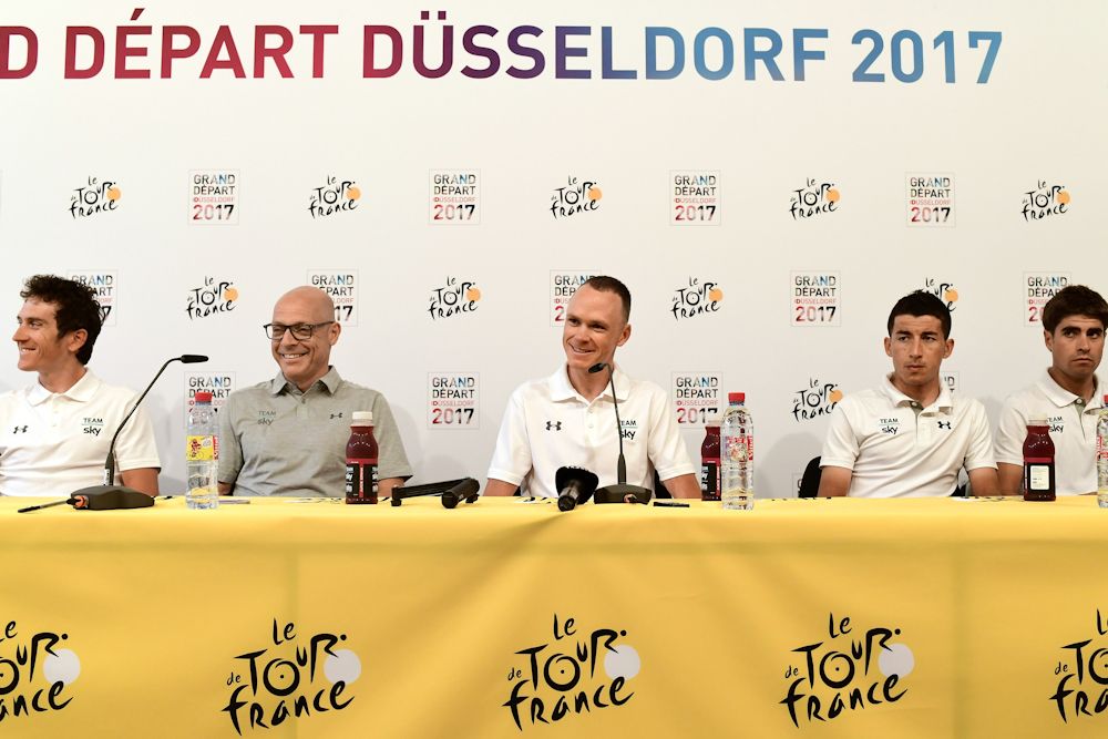 Dave Brailsford takes part in a press conference of the Great Britain's Sky cycling team at the Congress center in Dusseldorf, Germany