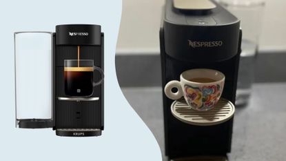 The Nespresso Vertuo Up coffee machine being used next to a cutout of the machine