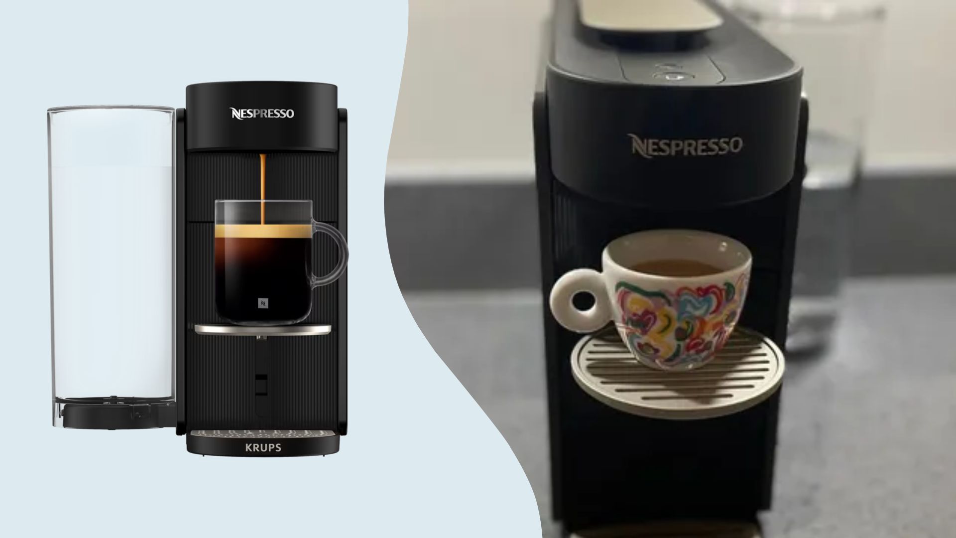 The Nespresso Vertuo Up coffee machine being used next to a cutout of the machine