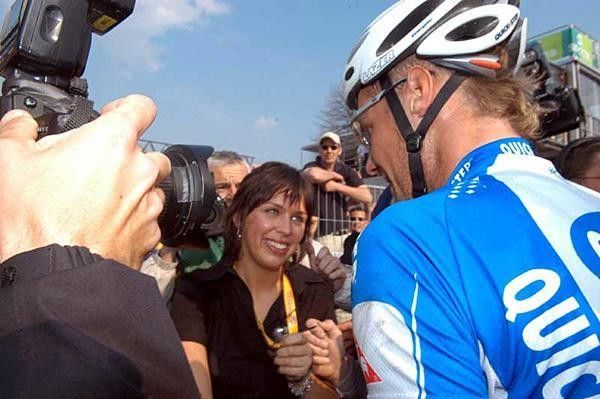 Tom Boonen (Quick.Step) is congratulated by his girlfriend Lorre