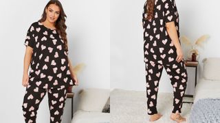 composite of a model wearing black curve pajamas with pink animal print heart pattern