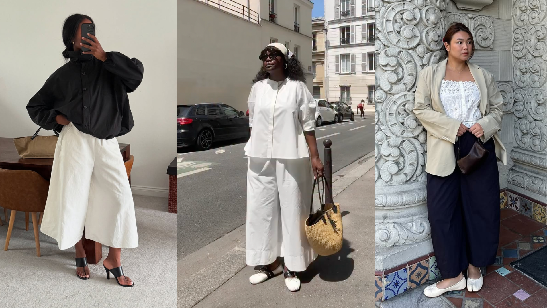 Three different outfits with culottes and different shoes, from flats to heels