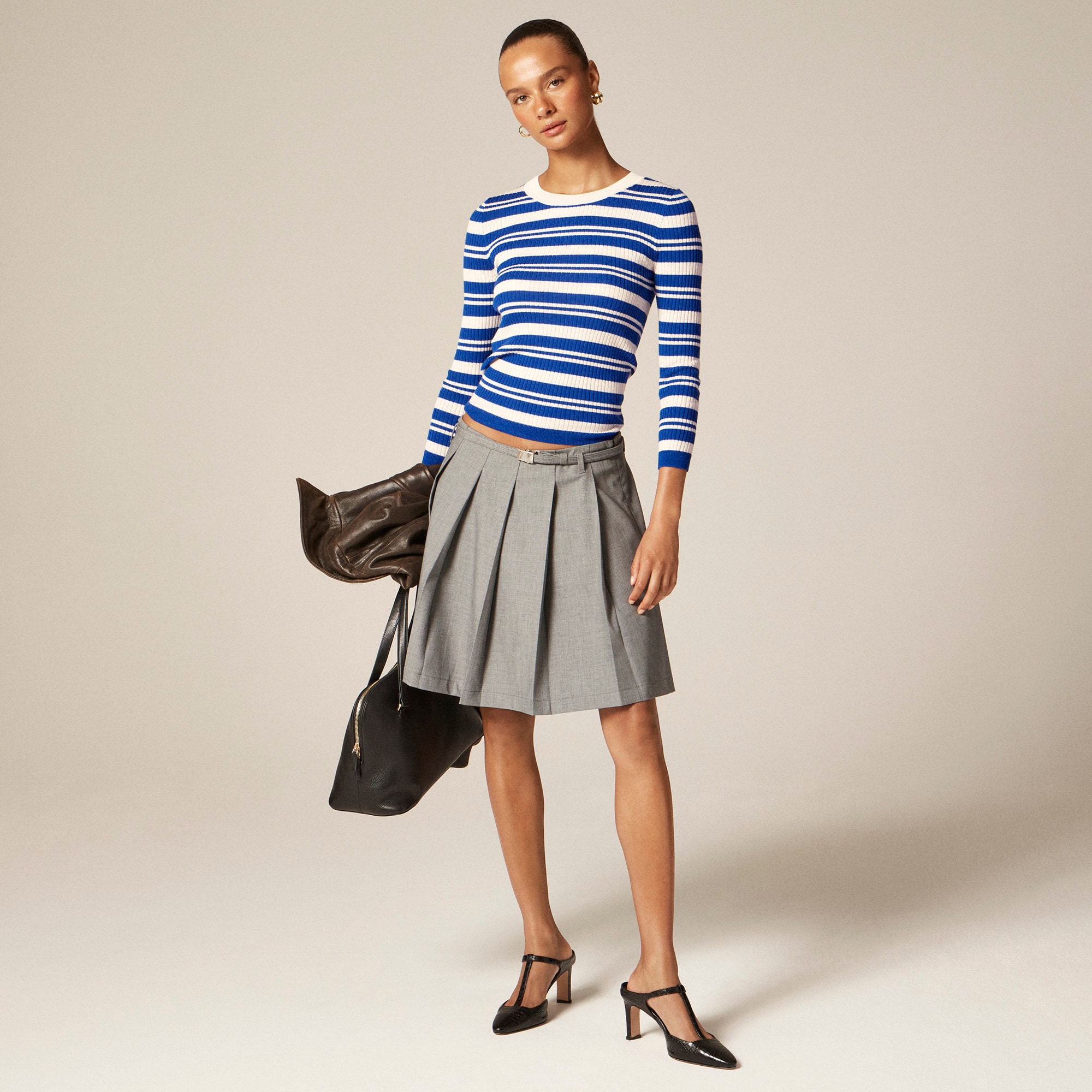 Carolyn Three-Quarter Sleeve Fitted Crewneck Sweater in Stripe