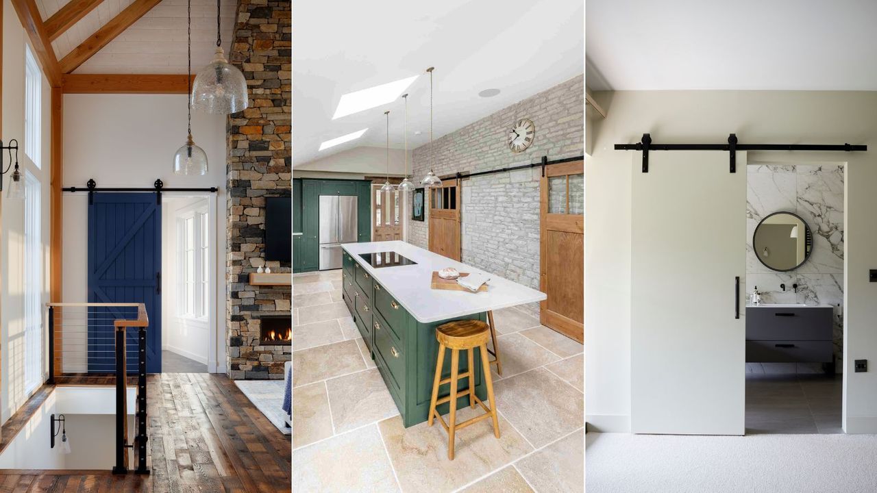 Three rooms featuring barn doors in their design