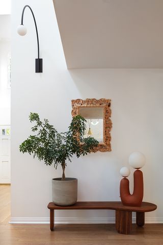 entryway with white walls, wooden bench and an indoor plant