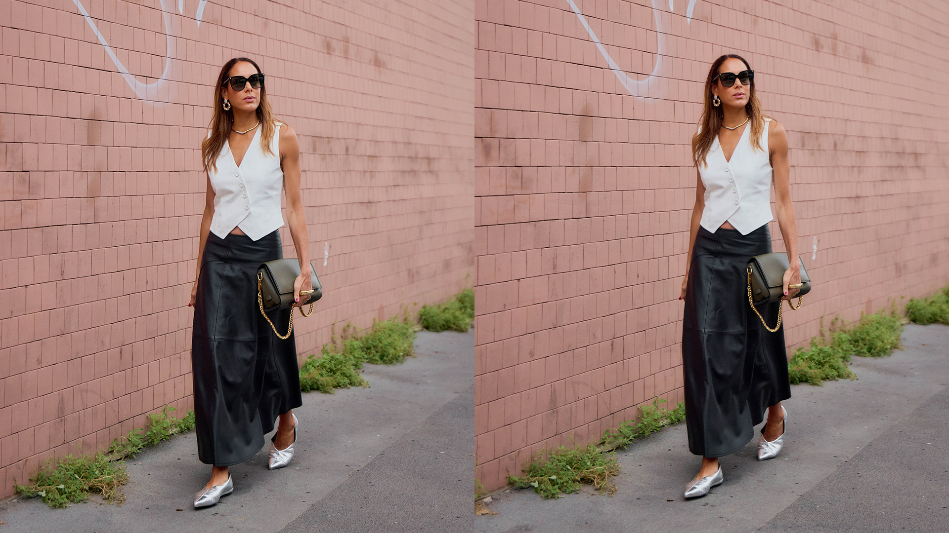 Woman wears white vest, black skirt, and silver heels. 
