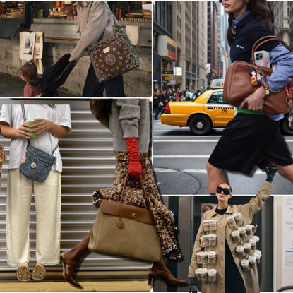 collage of stylish women carrying Mom bags