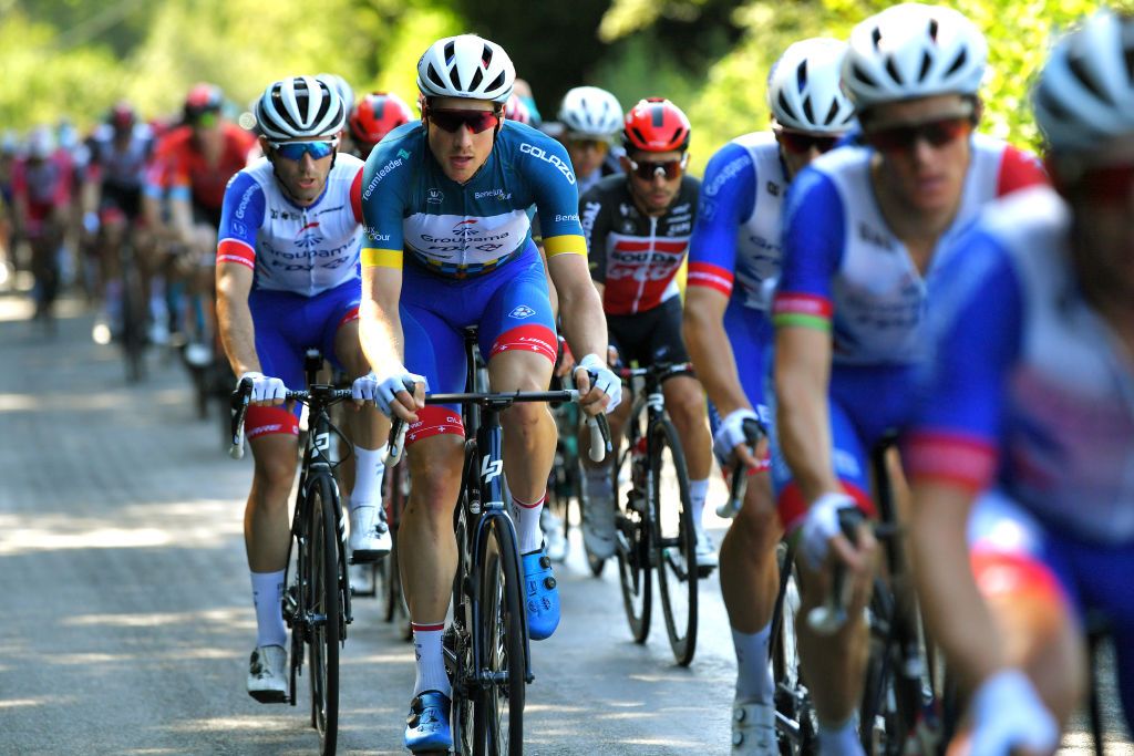 HOUFFALIZE BELGIUM SEPTEMBER 04 Stefan Kng of Switzerland and Team Groupama FDJ blue leader jersey competes during the 17th Benelux Tour 2021 Stage 6 a 2076km stage from OttigniesLouvainlaNeuve to Houffalize BeneluxTour on September 04 2021 in Houffalize Belgium Photo by Luc ClaessenGetty Images