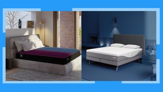 Two images side by side of Eight Sleep Pod 4 smart mattress cover on bed with four white pillows and grey and white Sleep Number i8 smart mattress in blue bedroom